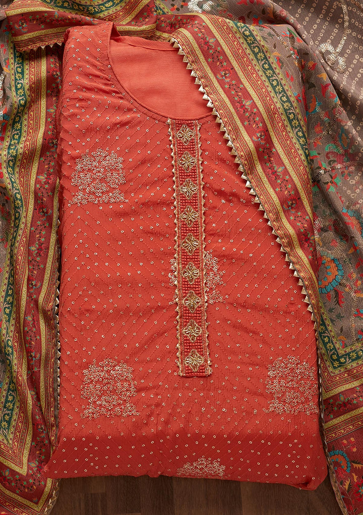 Rust Zariwork Chanderi Unstitched Salwar Suit-Koskii