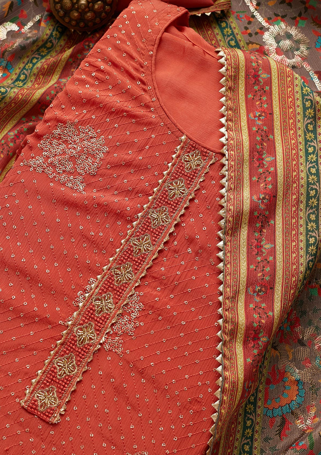 Rust Zariwork Chanderi Unstitched Salwar Suit-Koskii