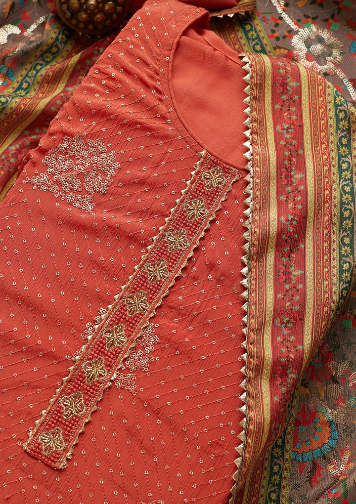 Rust Zariwork Chanderi Unstitched Salwar Suit-Koskii