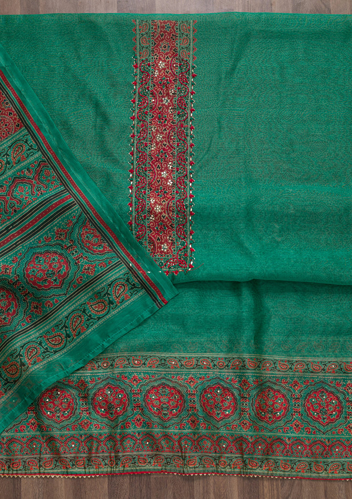 Sea Green Threadwork Chanderi Unstitched Salwar Suit-Koskii
