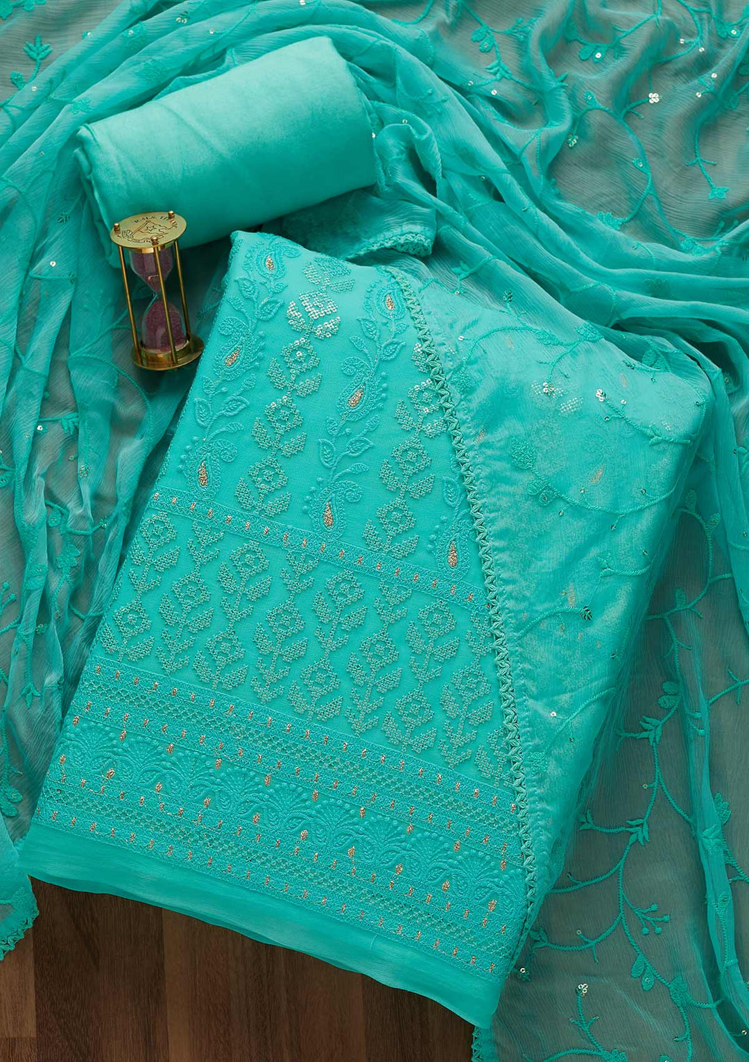 Sea Green Sequins Threadwork Georgette Unstitched Salwar Suit-Koskii