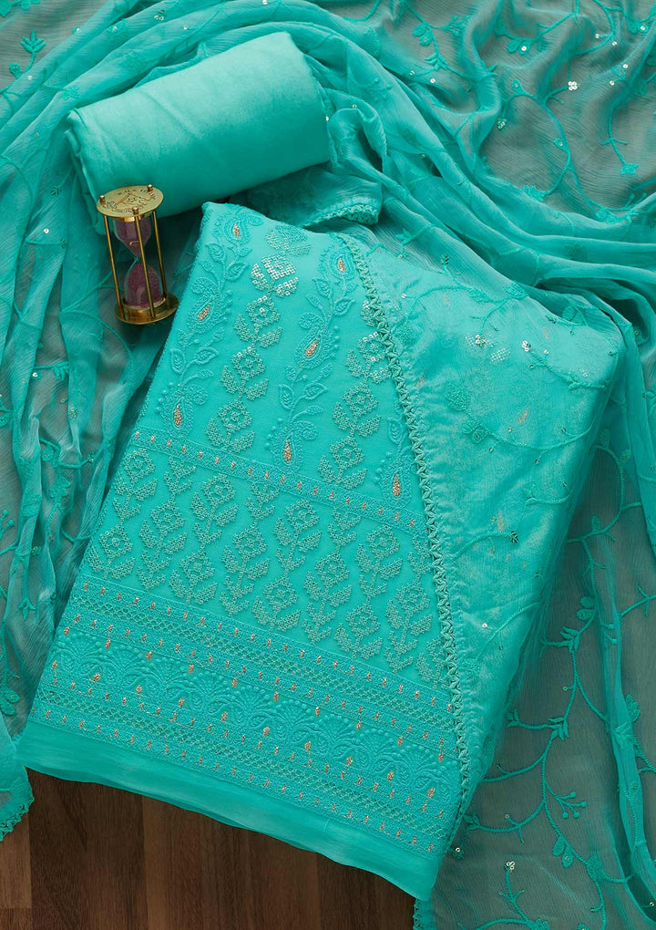 Sea Green Sequins Threadwork Georgette Unstitched Salwar Suit-Koskii