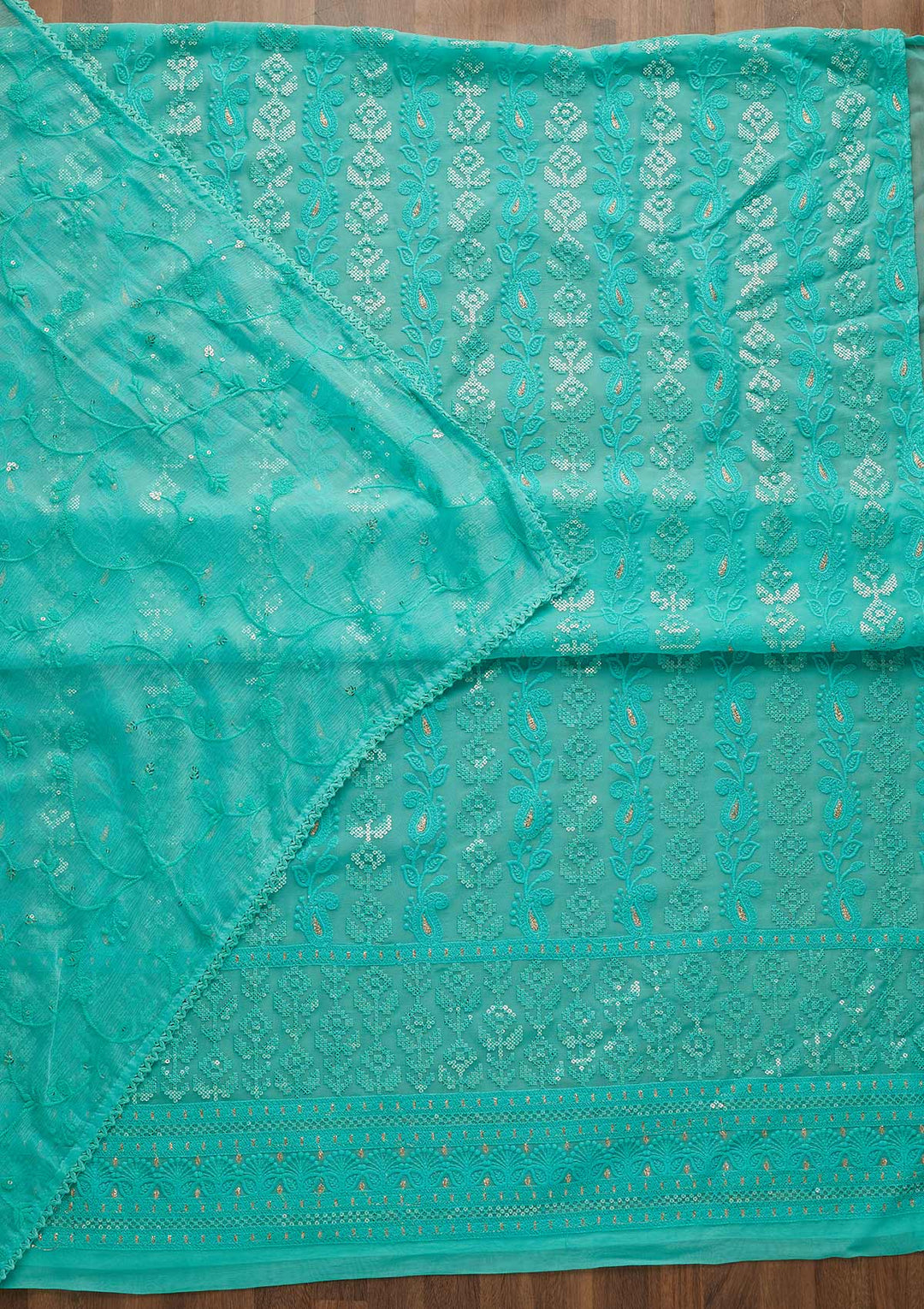 Sea Green Sequins Threadwork Georgette Unstitched Salwar Suit-Koskii