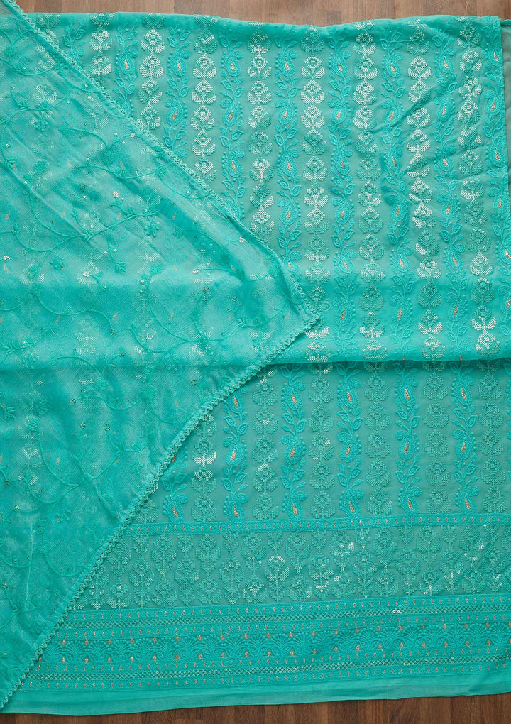 Sea Green Sequins Threadwork Georgette Unstitched Salwar Suit-Koskii