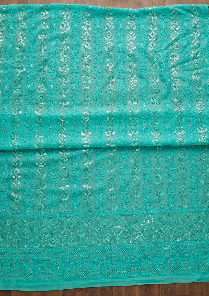 Sea Green Sequins Threadwork Georgette Unstitched Salwar Suit-Koskii