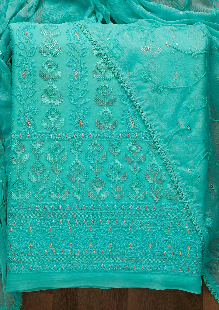 Sea Green Sequins Threadwork Georgette Unstitched Salwar Suit-Koskii
