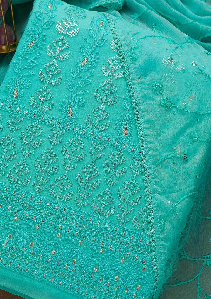 Sea Green Sequins Threadwork Georgette Unstitched Salwar Suit-Koskii