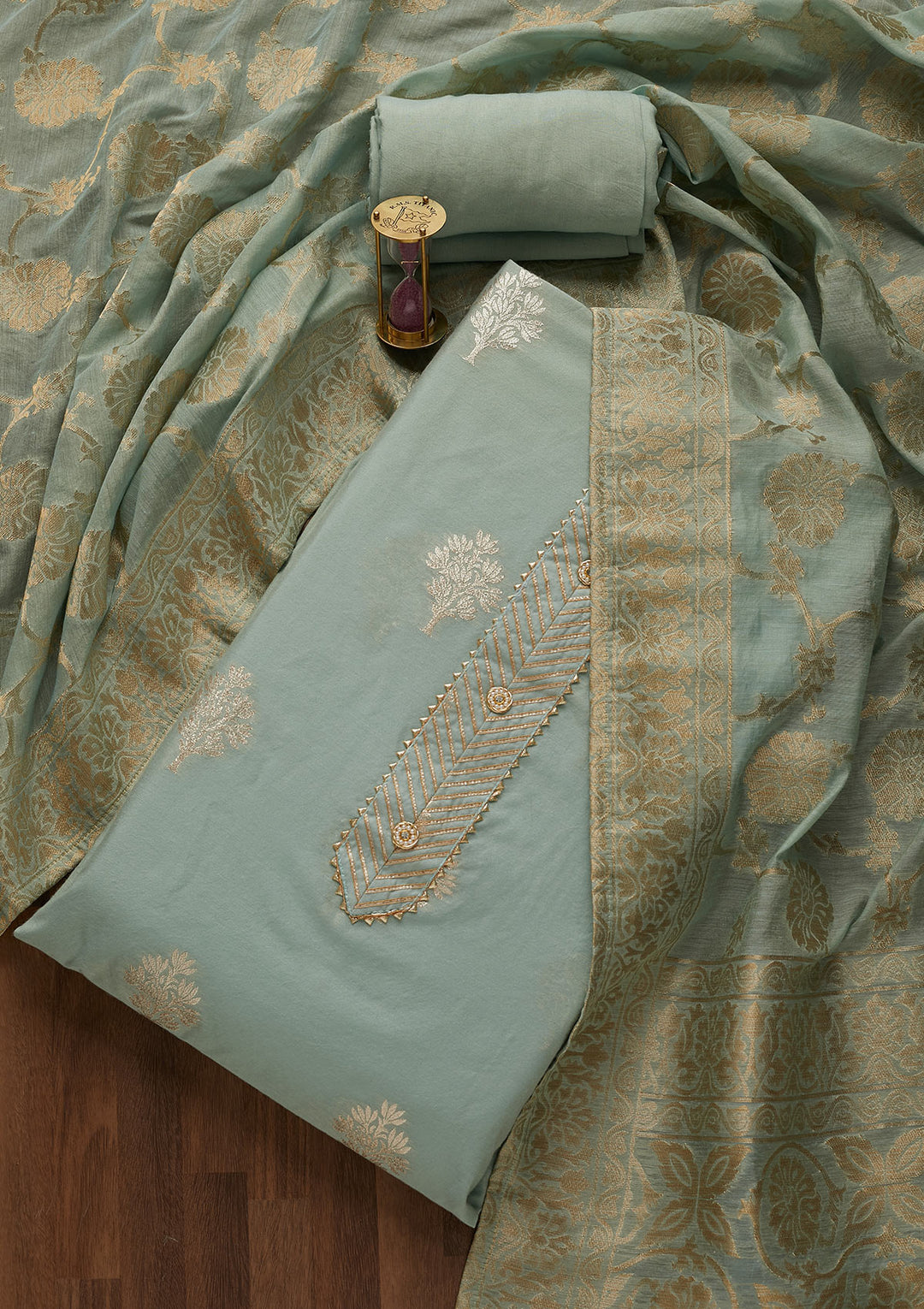 Sea Green Zariwork Chanderi Unstitched Salwar Suit-Koskii