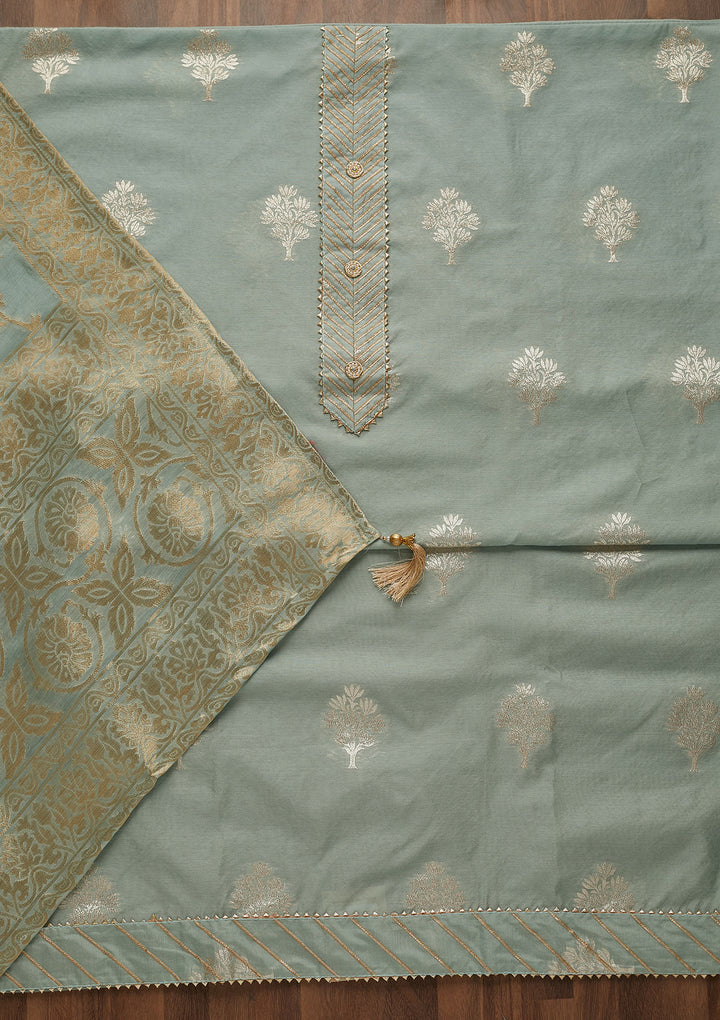 Sea Green Zariwork Chanderi Unstitched Salwar Suit-Koskii