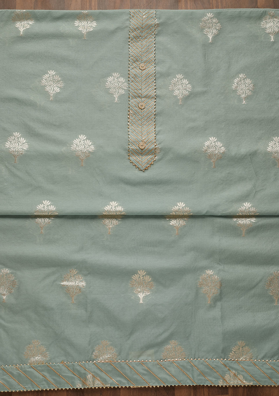 Sea Green Zariwork Chanderi Unstitched Salwar Suit-Koskii