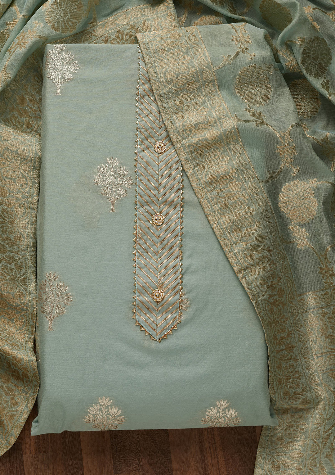 Sea Green Zariwork Chanderi Unstitched Salwar Suit-Koskii