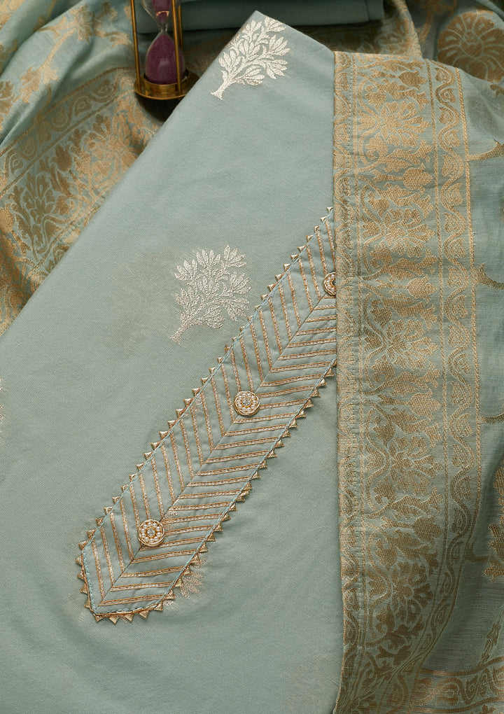 Sea Green Zariwork Chanderi Unstitched Salwar Suit-Koskii