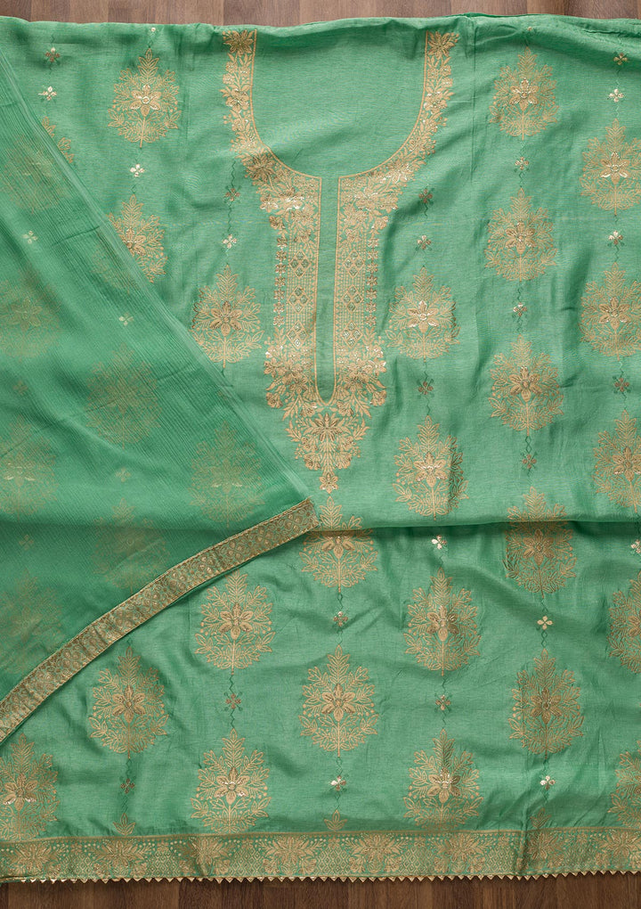 Sea Green Zariwork Semi Crepe Unstitched Salwar Suit-Koskii
