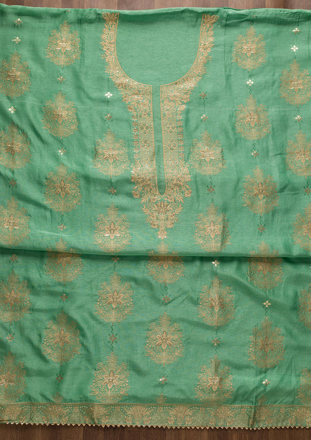 Sea Green Zariwork Semi Crepe Unstitched Salwar Suit-Koskii