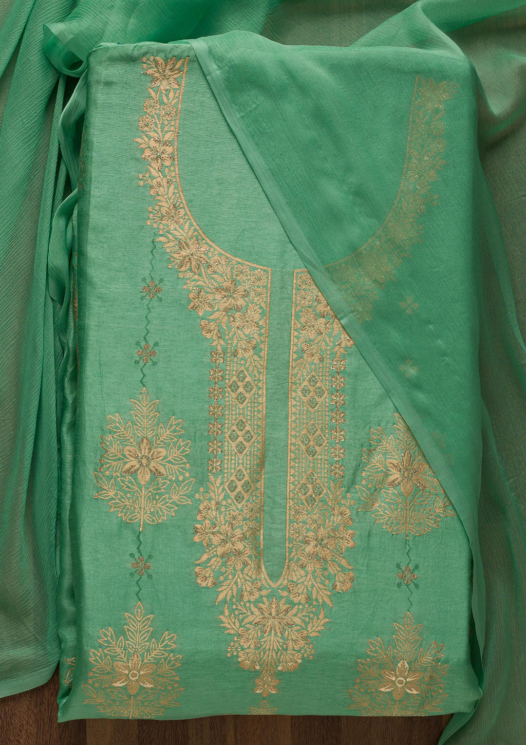 Sea Green Zariwork Semi Crepe Unstitched Salwar Suit-Koskii