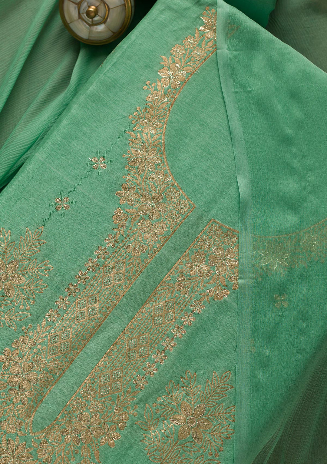 Sea Green Zariwork Semi Crepe Unstitched Salwar Suit-Koskii
