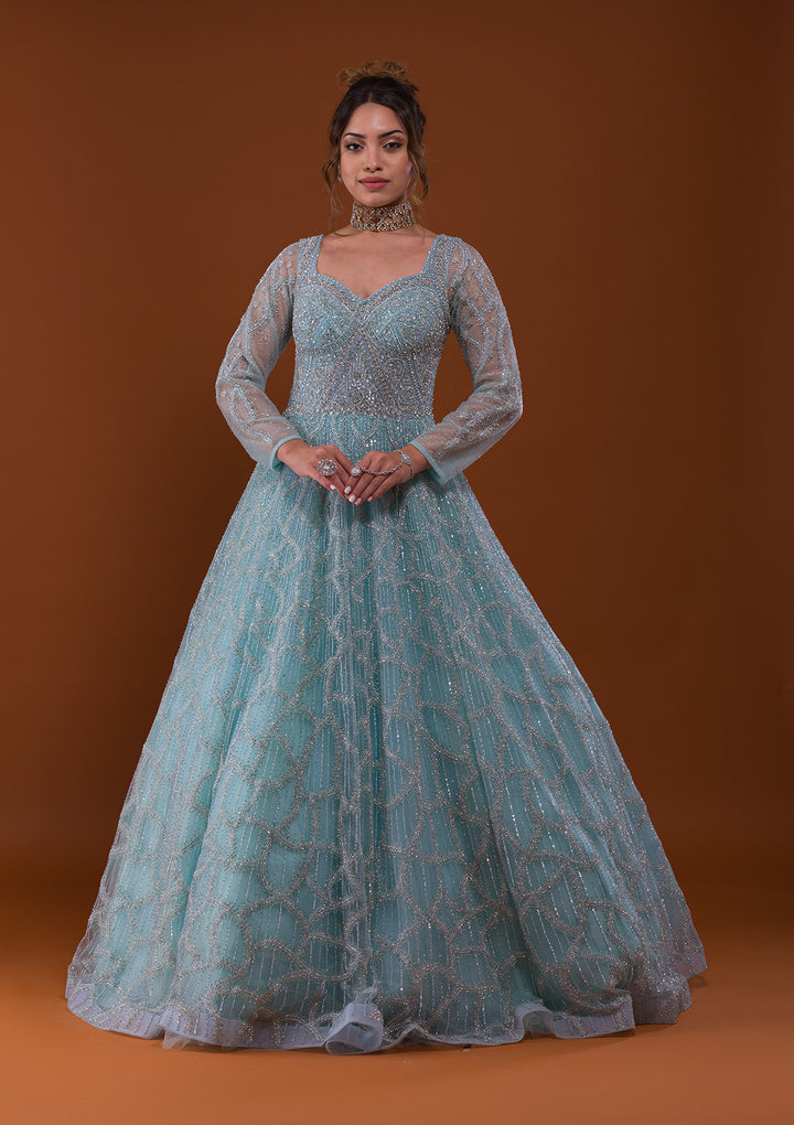 Sky Blue Silver Stonework Net Designer Gown-Koskii