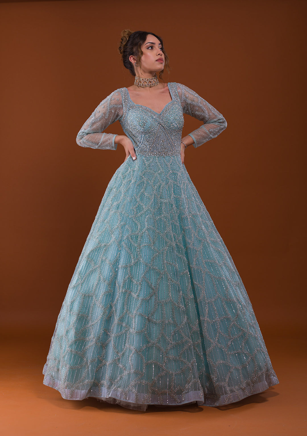 Sky Blue Silver Stonework Net Designer Gown-Koskii