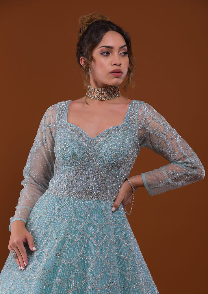 Sky Blue Silver Stonework Net Designer Gown-Koskii