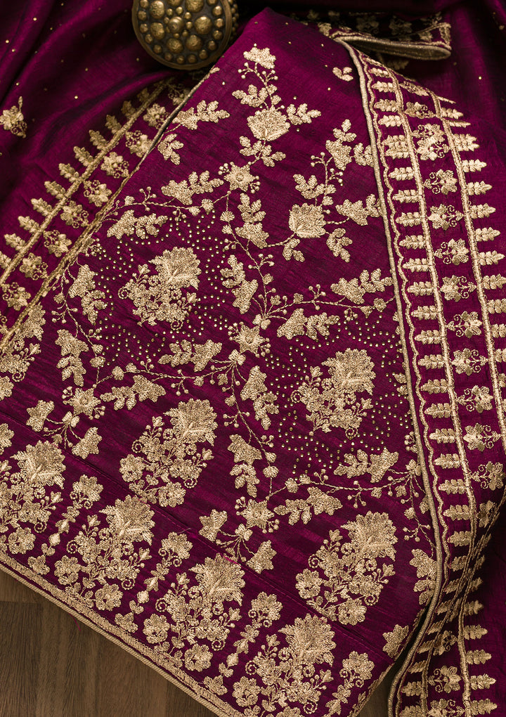 Wine Zariwork Raw Silk Unstitched Salwar Suit-Koskii