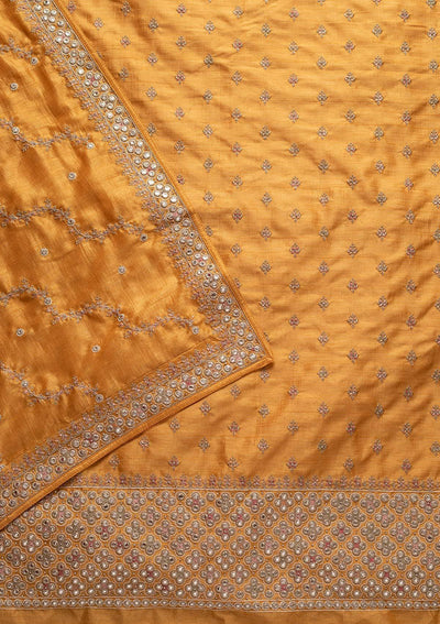 Yellow Mirrorwork Raw Silk Designer Unstitched Salwar Suit - koskii