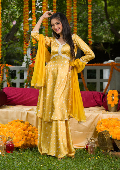 Yellow Printed Semi Crepe Readymade Salwar Suit-Koskii