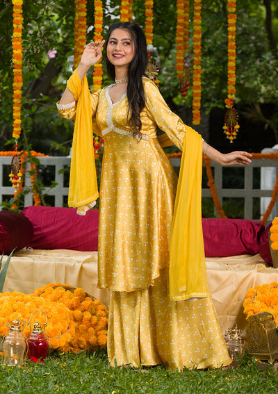 Yellow Printed Semi Crepe Readymade Salwar Suit-Koskii