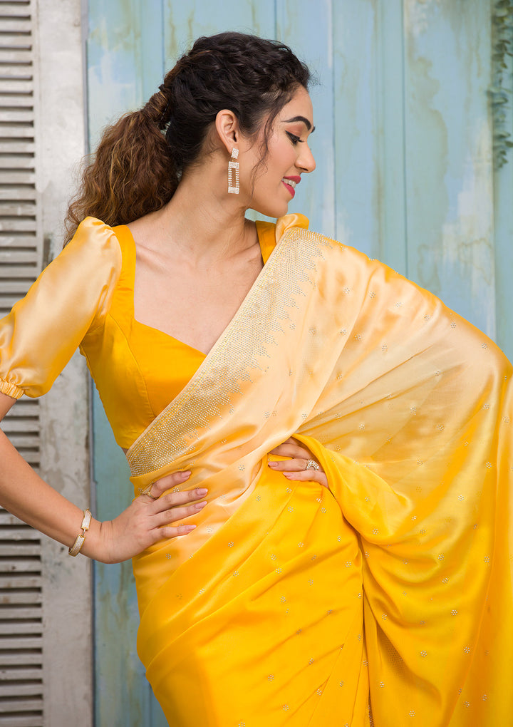 Yellow Swarovski Satin Designer Saree-Koskii