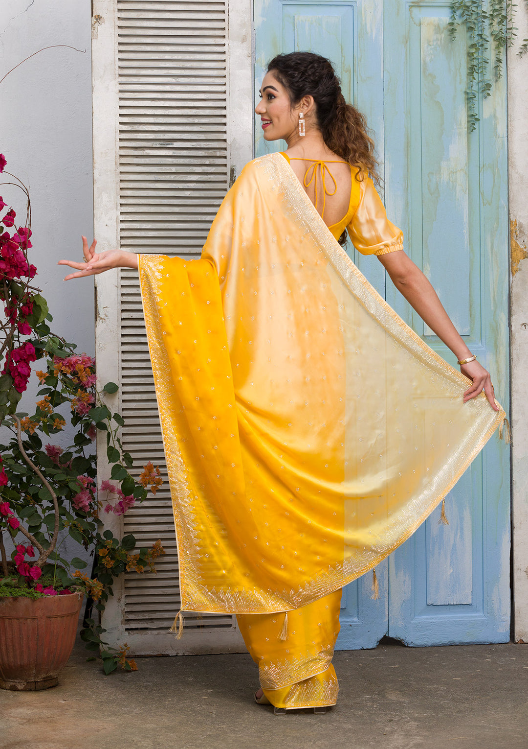Yellow Swarovski Satin Designer Saree-Koskii