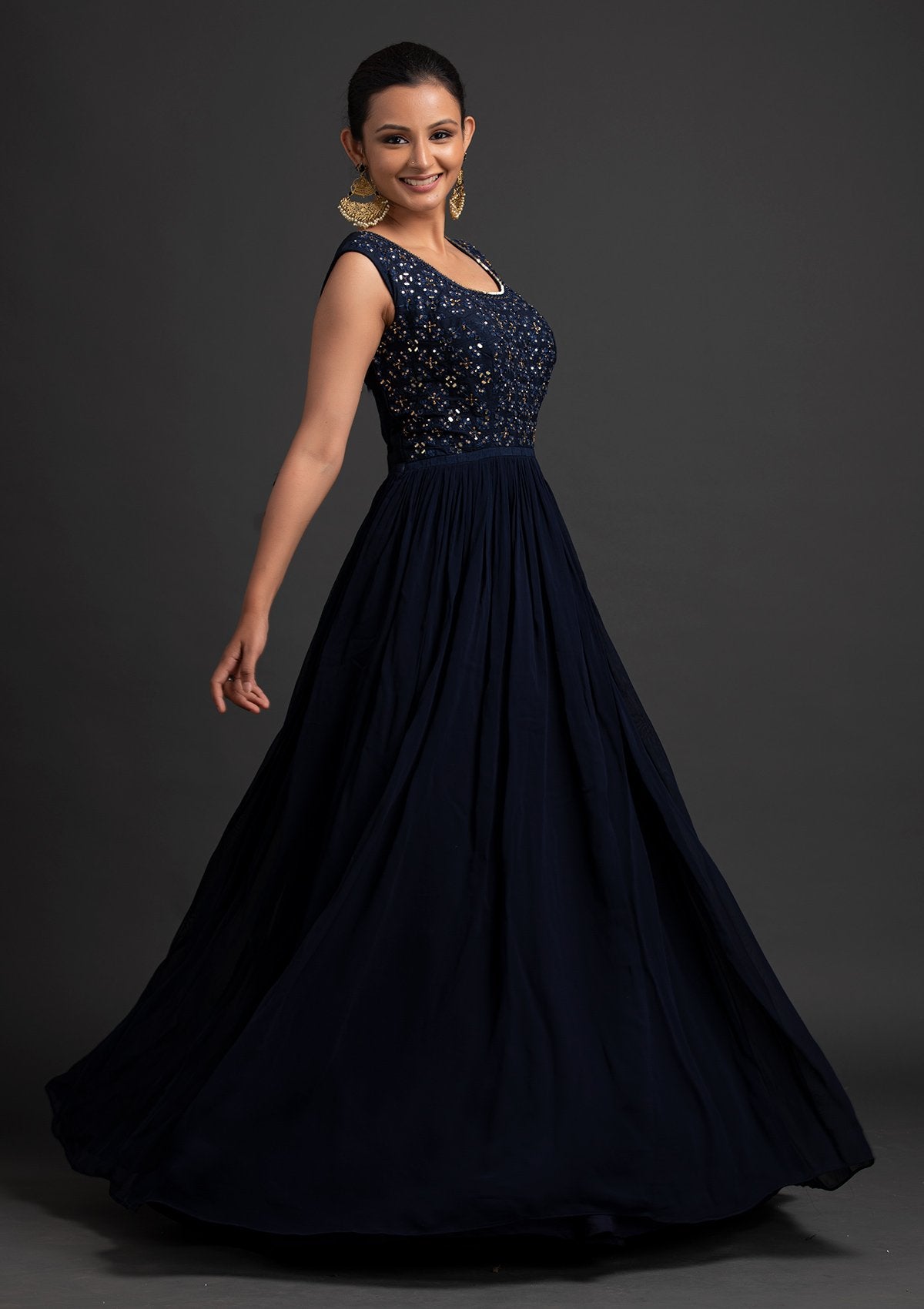 Navy Blue Mirrorwork Georgette Designer Gown