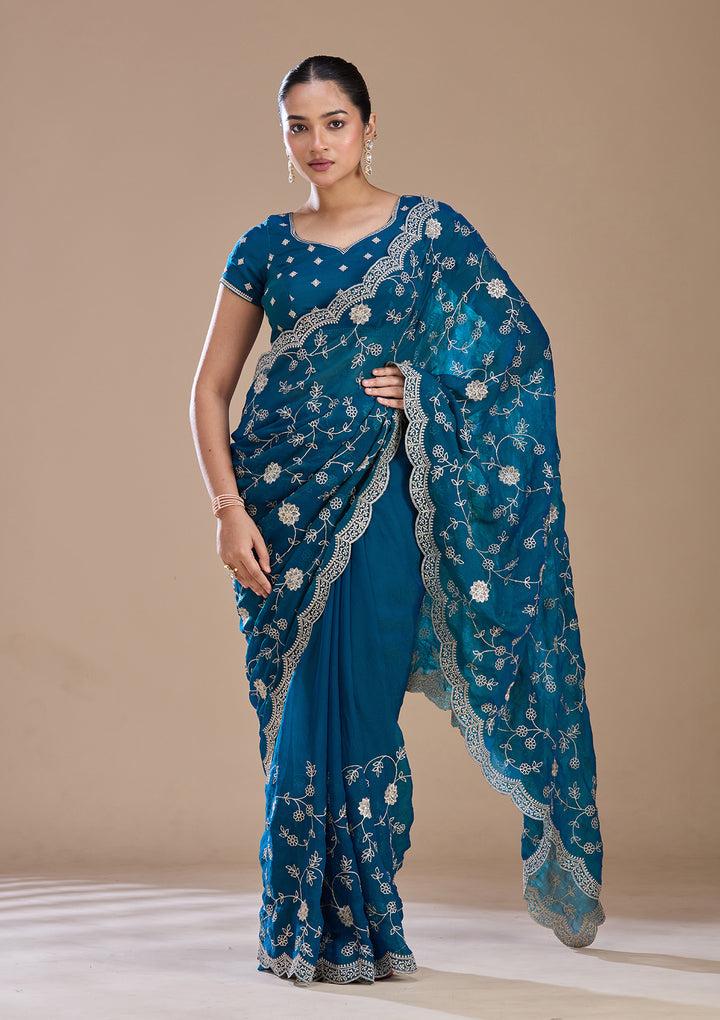 Peacock Blue Zariwork (Gold) Georgette Saree