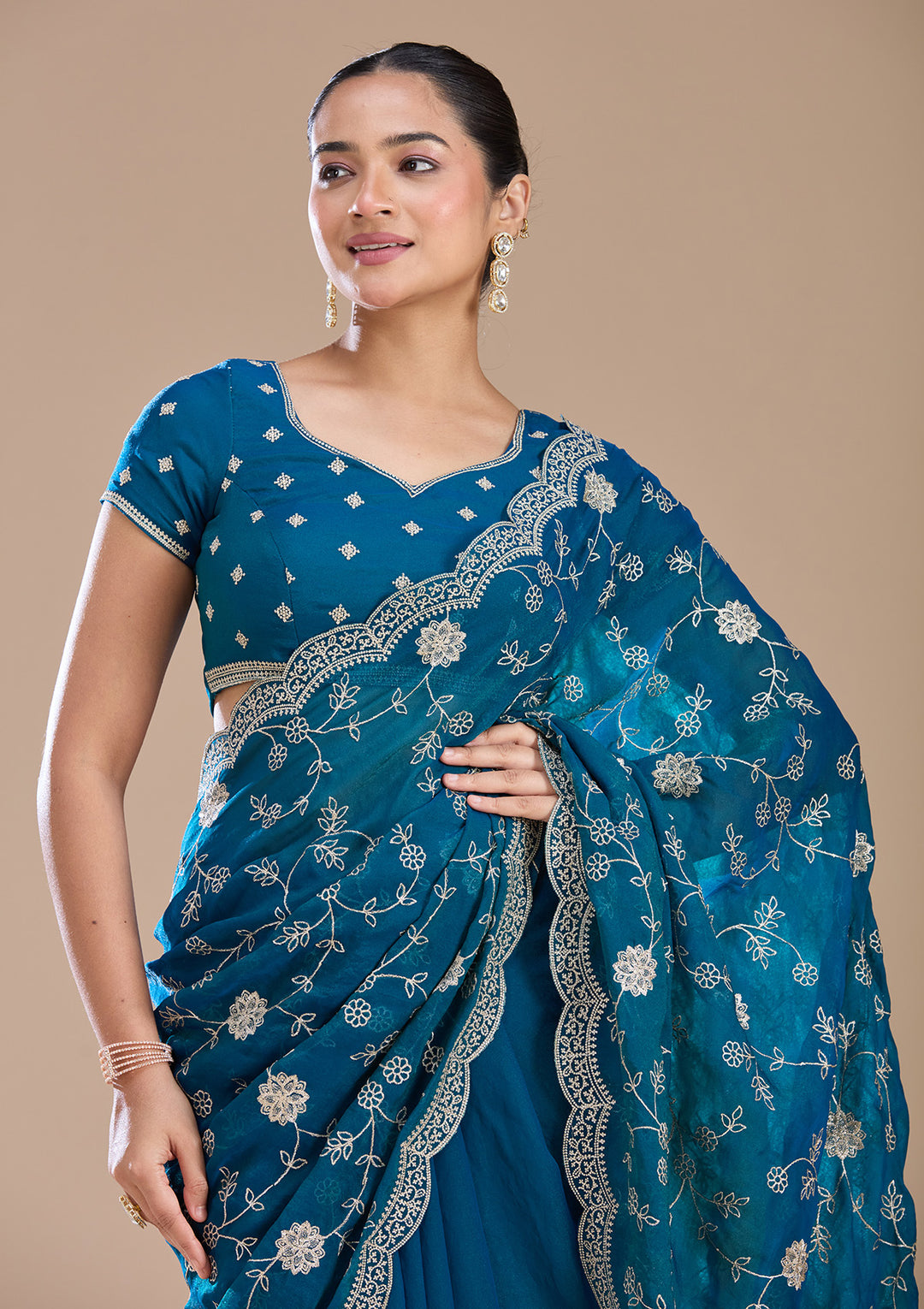 Peacock Blue Zariwork (Gold) Georgette Saree