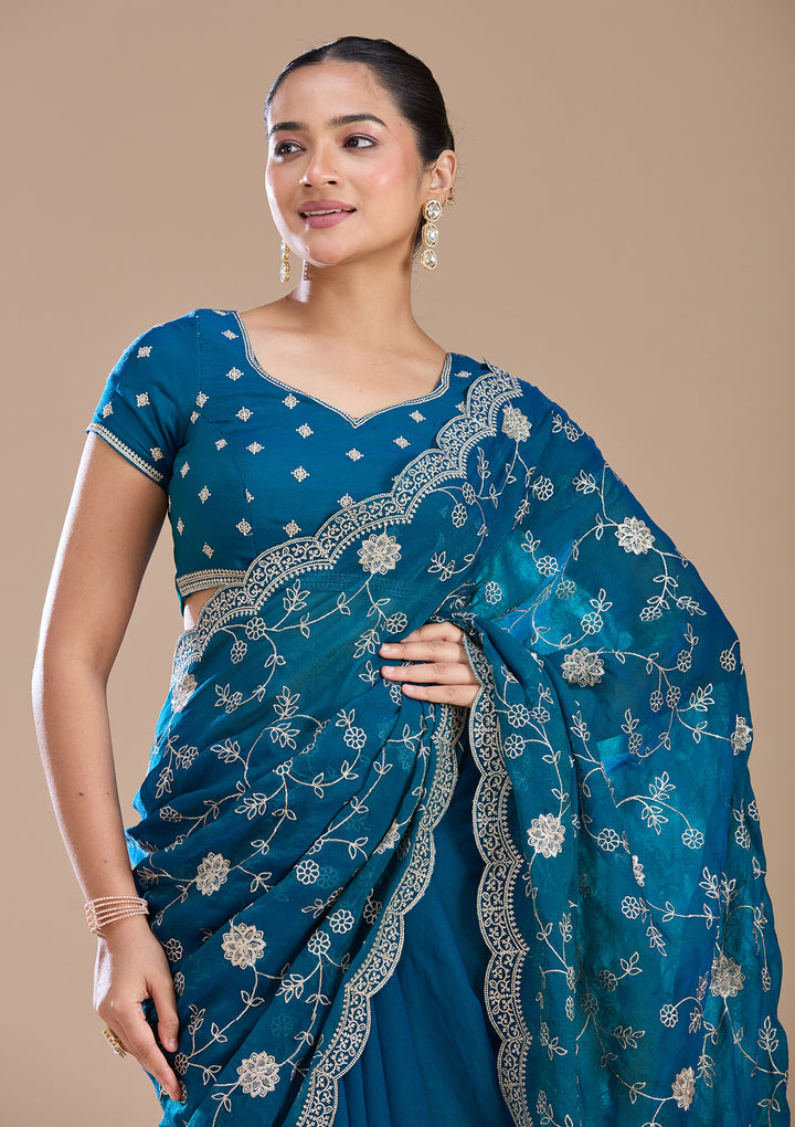 Peacock Blue Zariwork (Gold) Georgette Saree