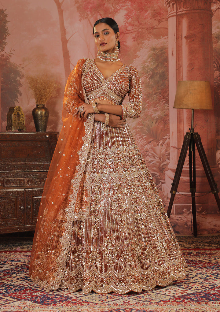 Rust Sequins Net Readymade Lehenga