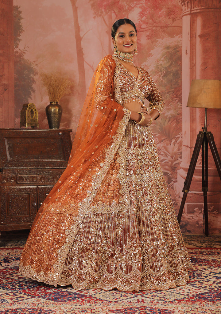 Rust Sequins Net Readymade Lehenga