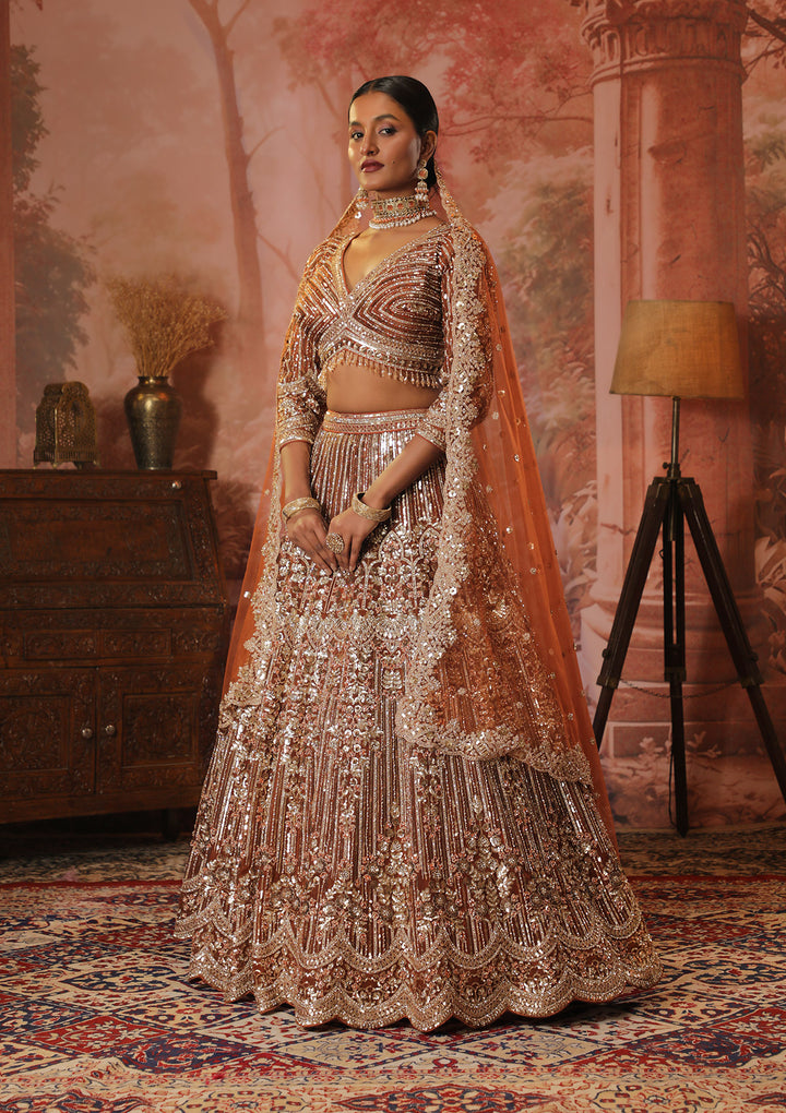 Rust Sequins Net Readymade Lehenga