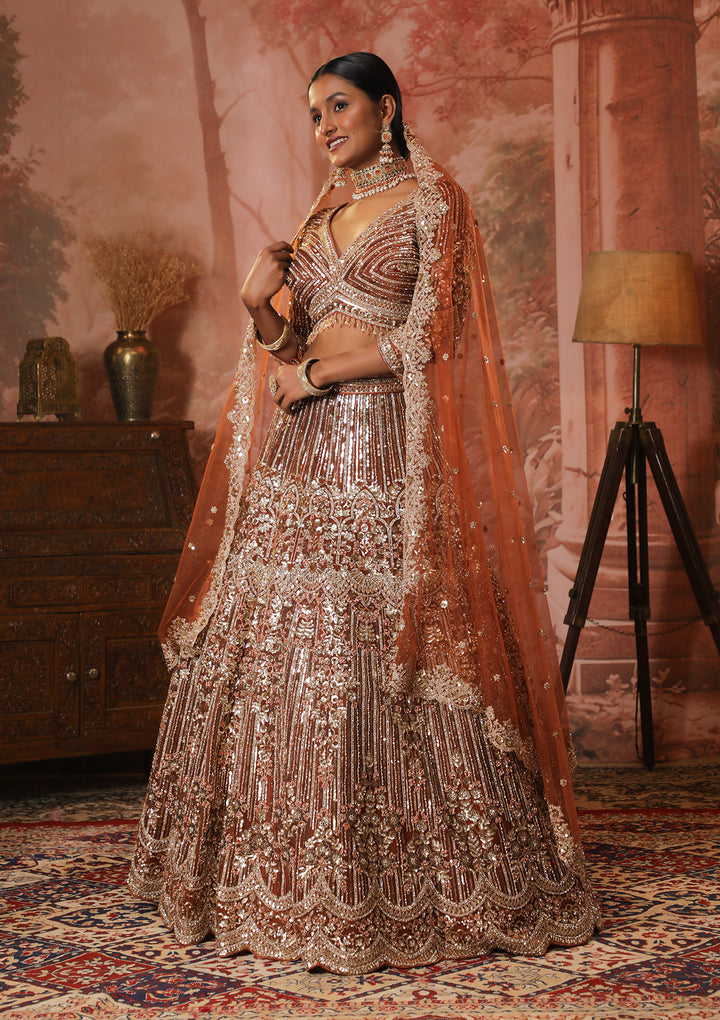 Rust Sequins Net Readymade Lehenga