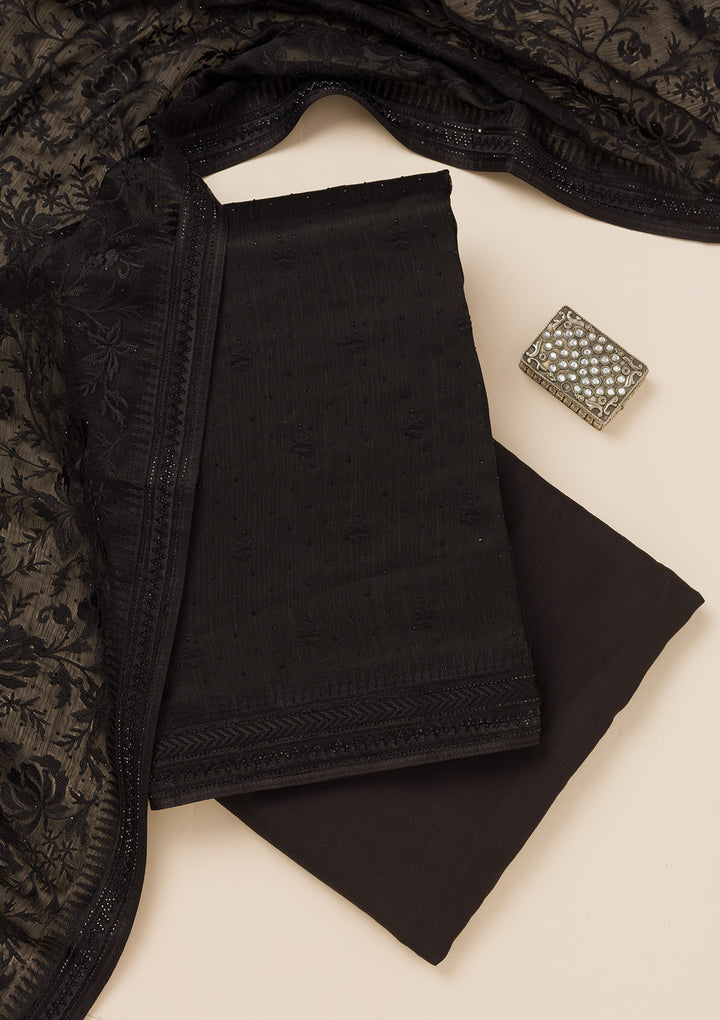 Black Swarovski Semi Crepe Unstitched Salwar Suit