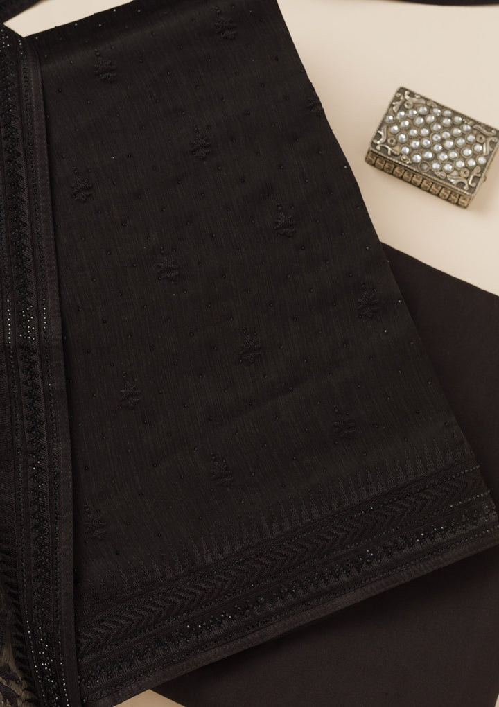 Black Swarovski Semi Crepe Unstitched Salwar Suit