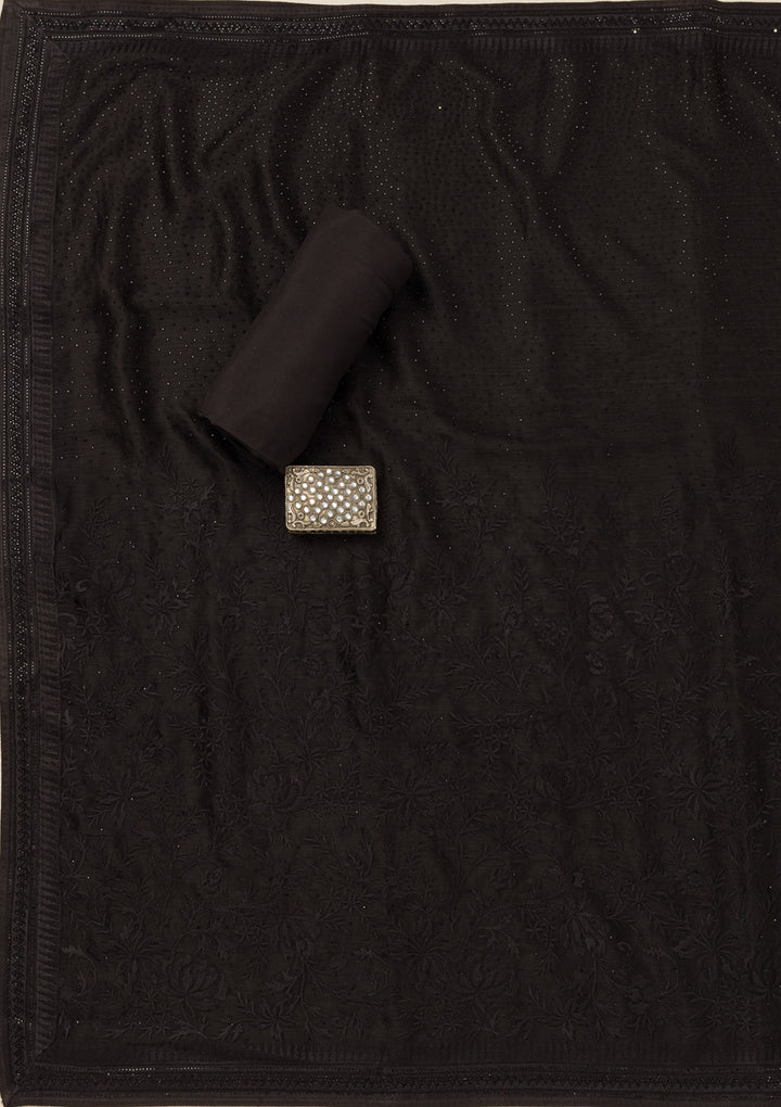 Black Swarovski Semi Crepe Unstitched Salwar Suit