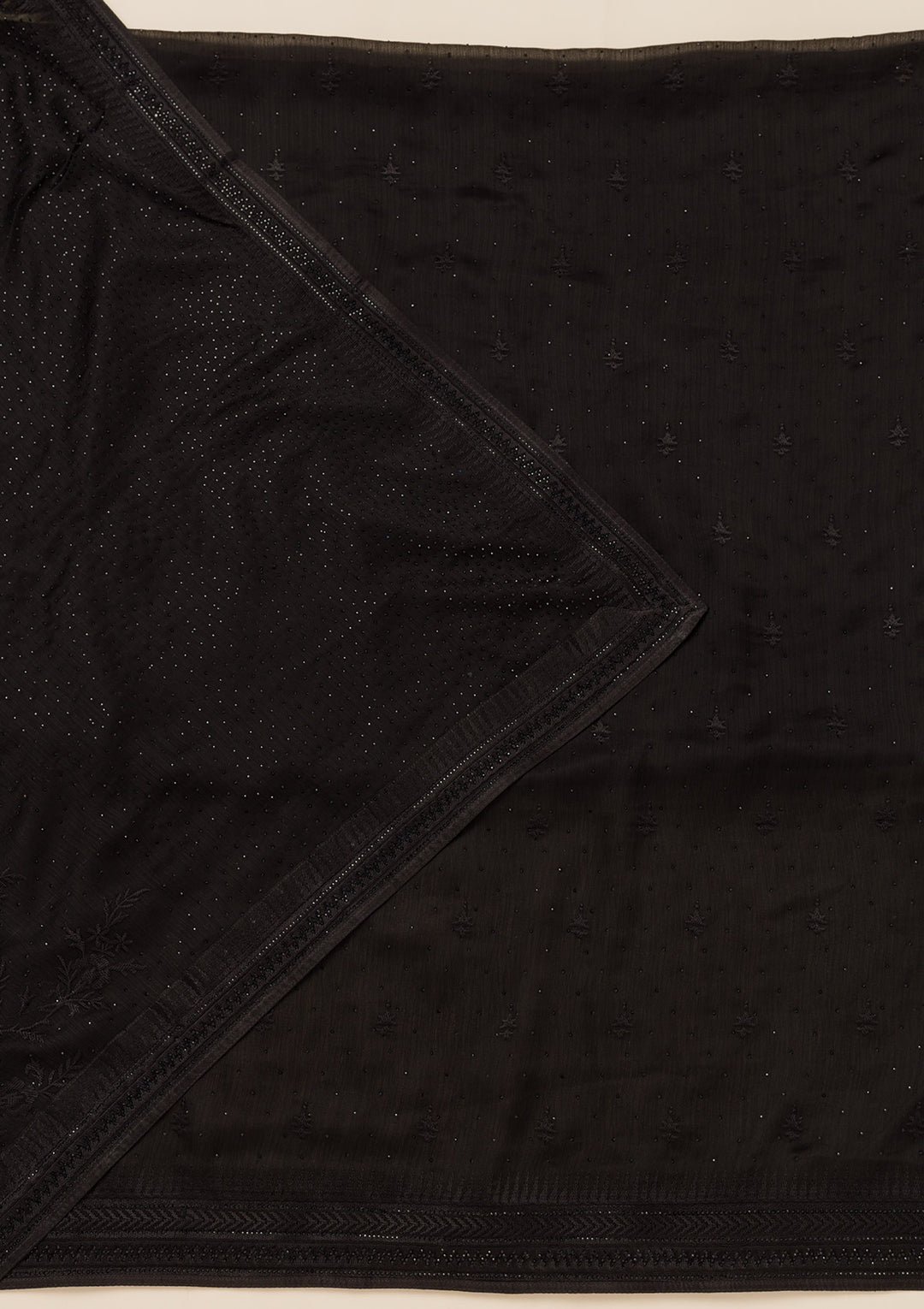 Black Swarovski Semi Crepe Unstitched Salwar Suit