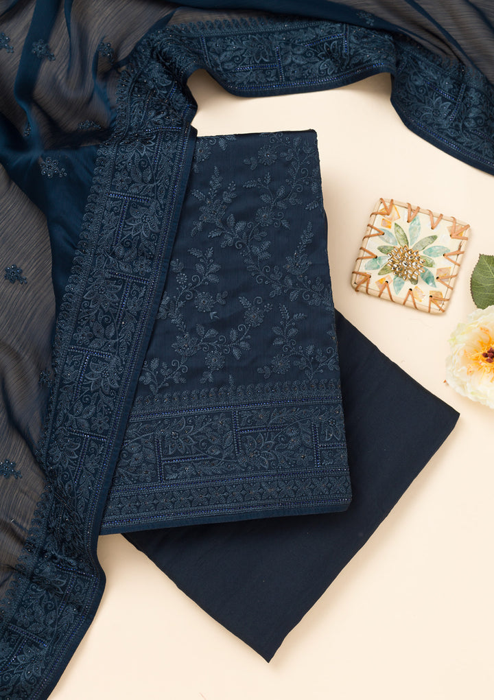 Peacock Blue Swarovski Semi Crepe Unstitched Salwar Suit