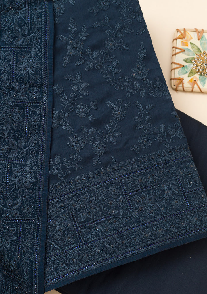 Peacock Blue Swarovski Semi Crepe Unstitched Salwar Suit