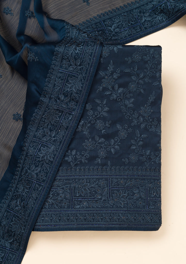 Peacock Blue Swarovski Semi Crepe Unstitched Salwar Suit