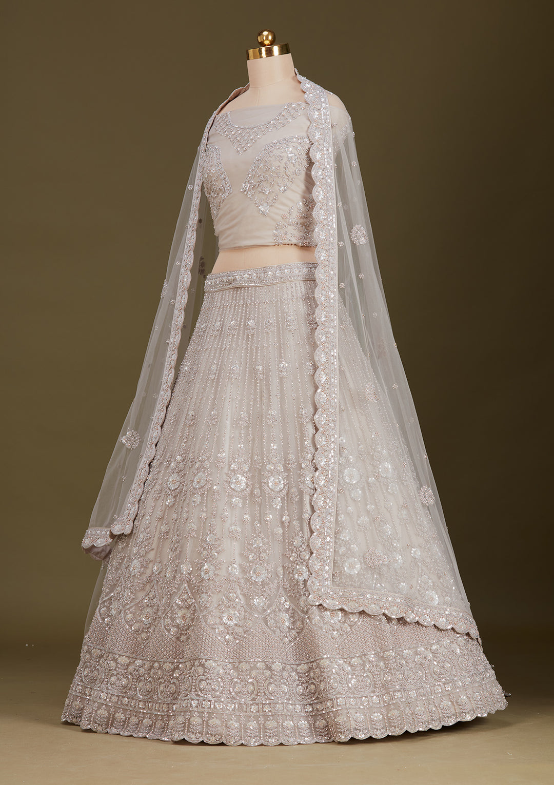 Light Grey Zariwork (Silver) Net Readymade Lehenga