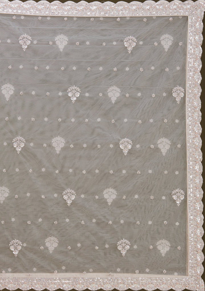 Light Grey Zariwork (Silver) Net Readymade Lehenga