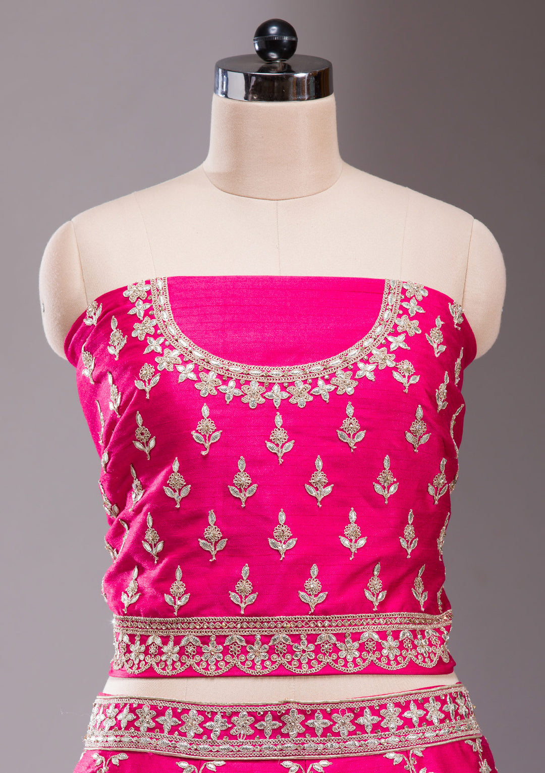 Rani Pink Cording Raw Silk Semi Stitched Lehenga