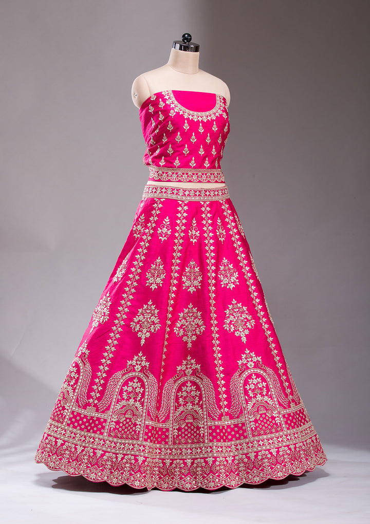 Rani Pink Cording Raw Silk Semi Stitched Lehenga