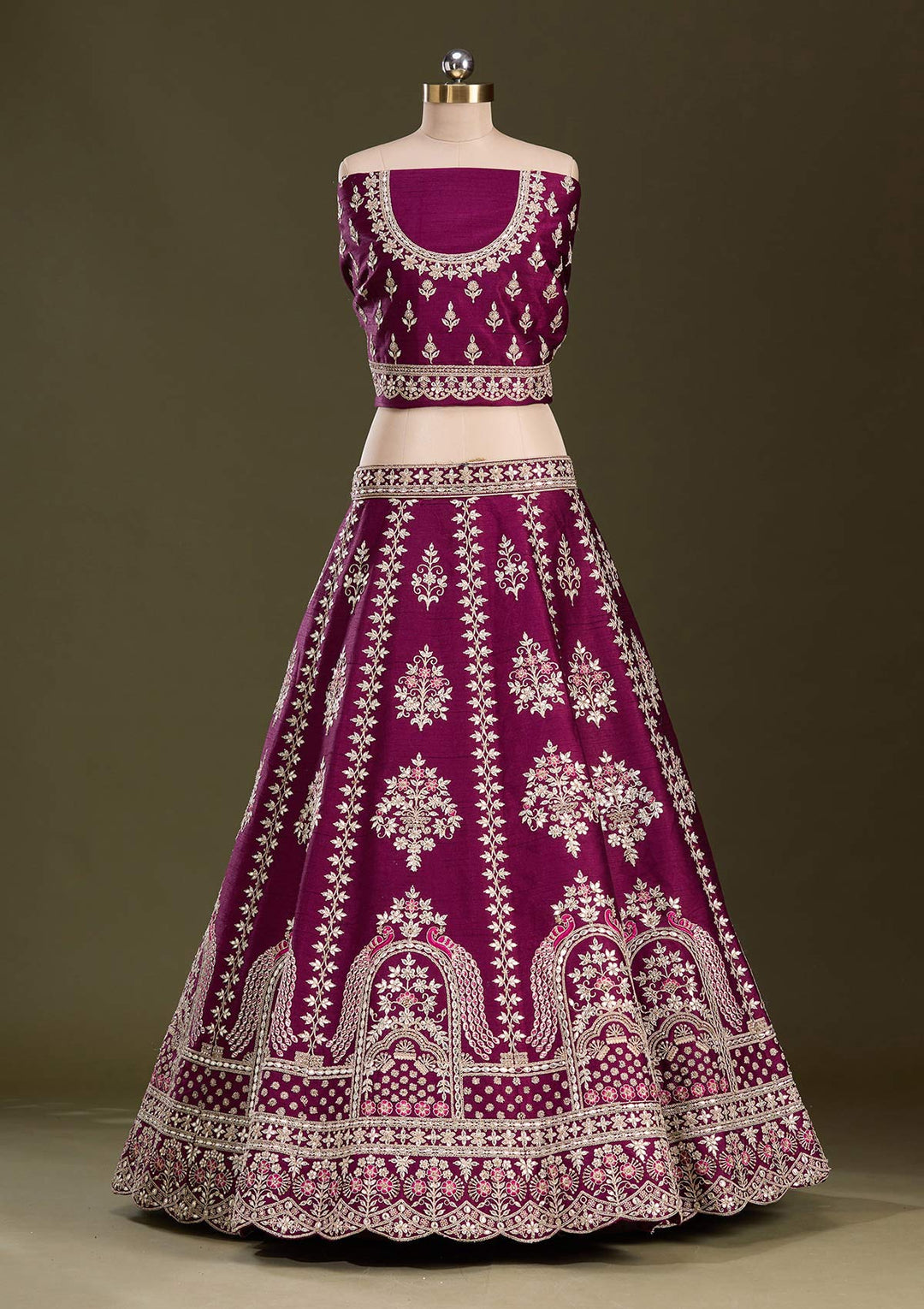 Wine Cording Raw Silk Semi-Stitched Lehenga