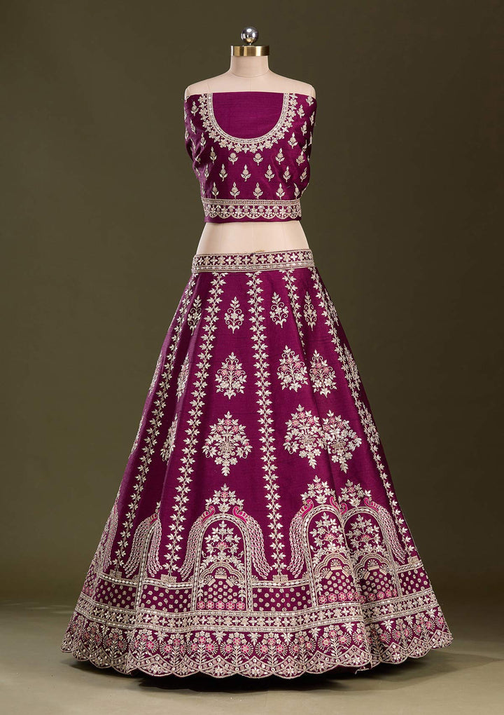 Wine Cording Raw Silk Semi-Stitched Lehenga